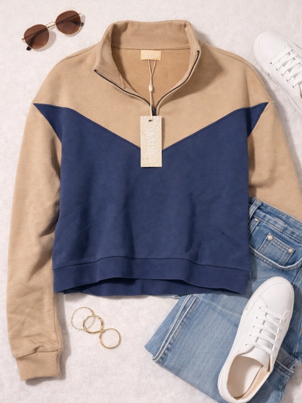 Chevron Half-Zip Pullover Sweatshirt - Navy & Tan